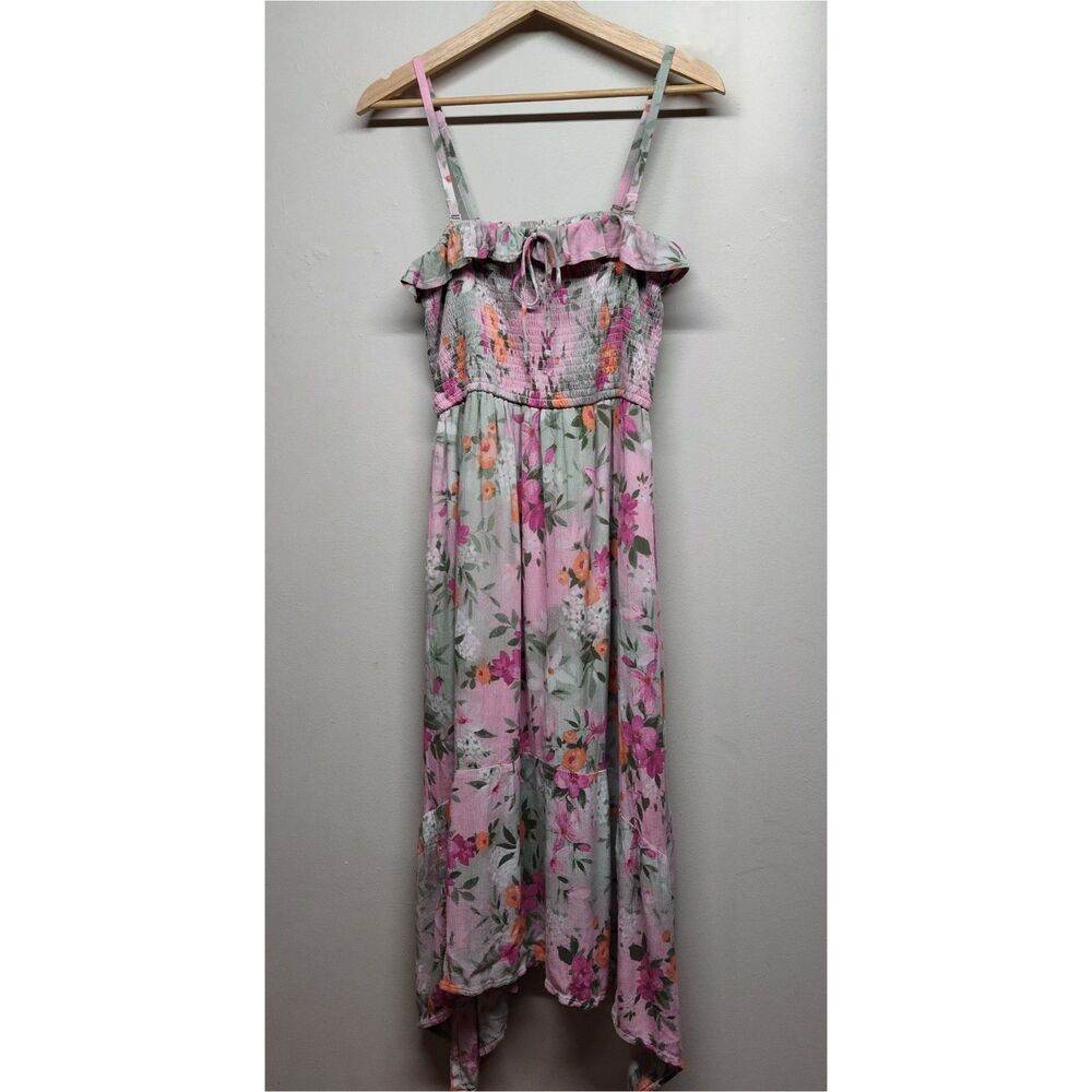 Hollister Midi Dress Women LP Green Floral Sleeveless Smocked Girly Romantic